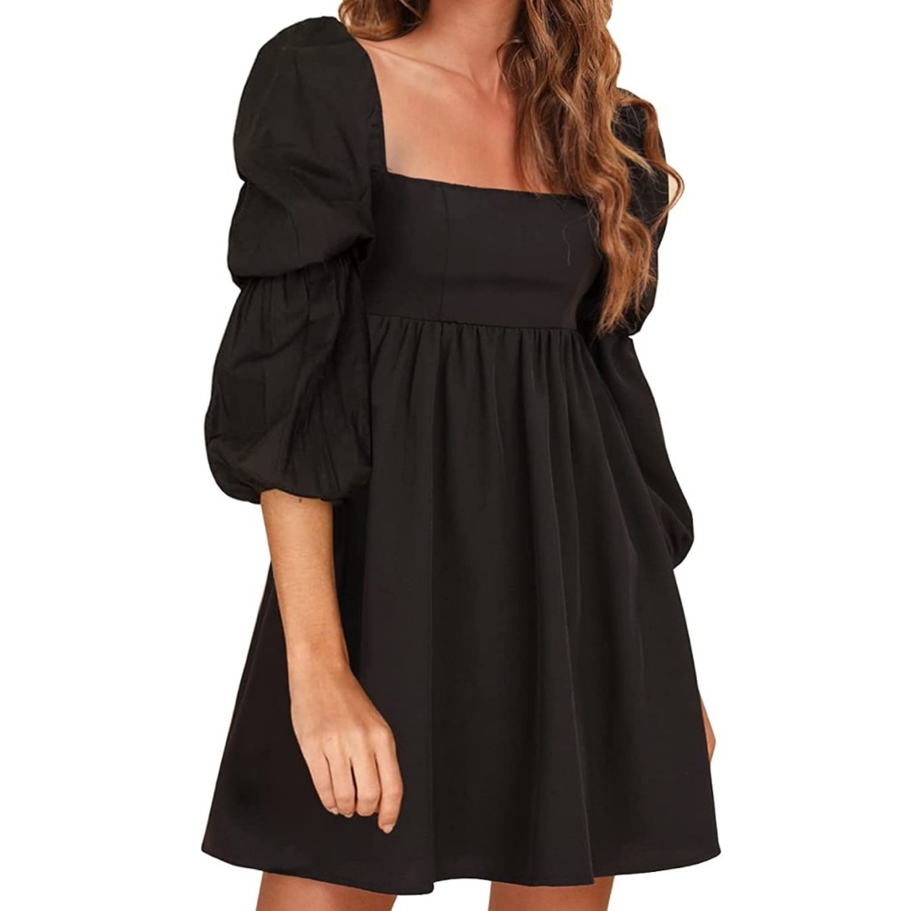EXLURA Womens Square Neck Long Puff Sleeve A Line Casual Short Mini Dress  NWOT